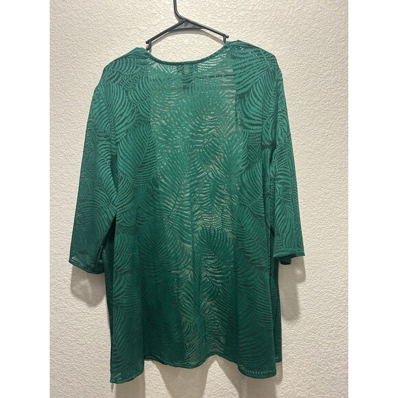 Catherines Womens Cardigan 1X Green Palm Embroidered Lace Open Front Loose Beach - Picture 2 of 5